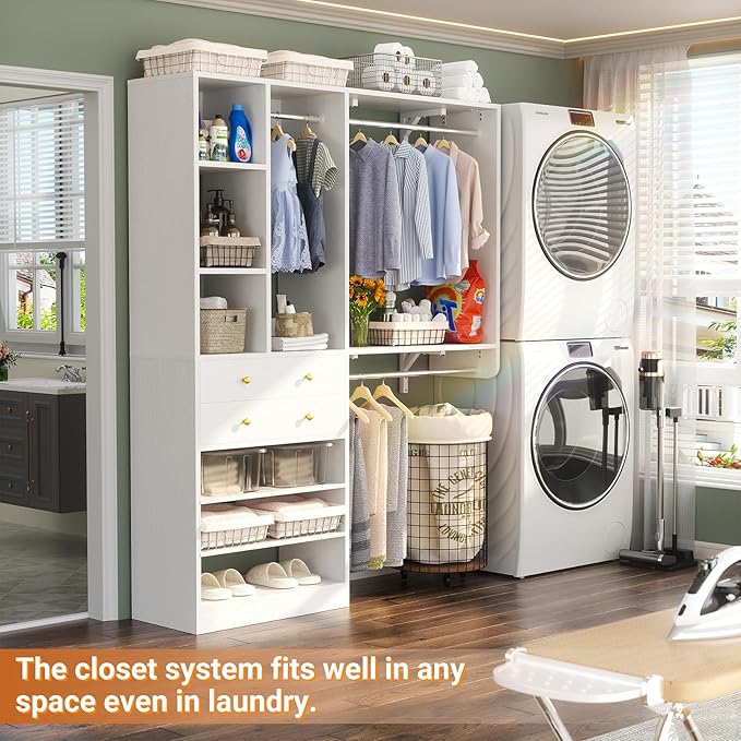 5FT Small Closet System with Drawers, 60" Closet Organizer System with Reversible Hanging Shelving, Closet Systems for Small/Walk-in Closets, White