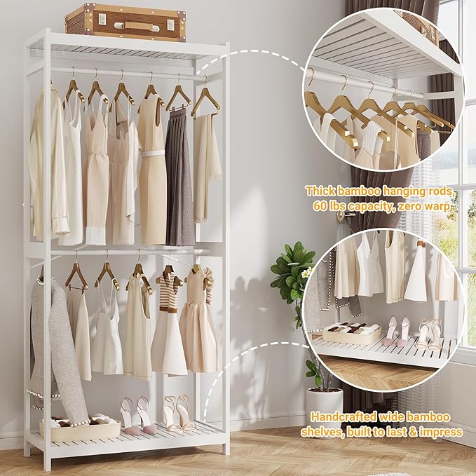 Homykic Bamboo Clothes Rack with Shelves and Double Hang Rods, Portable Closet System Garment Rack for Hanging Clothes, Tall Clothing Rack Corner Closet Organizer, Easy to Built, Freestanding, White