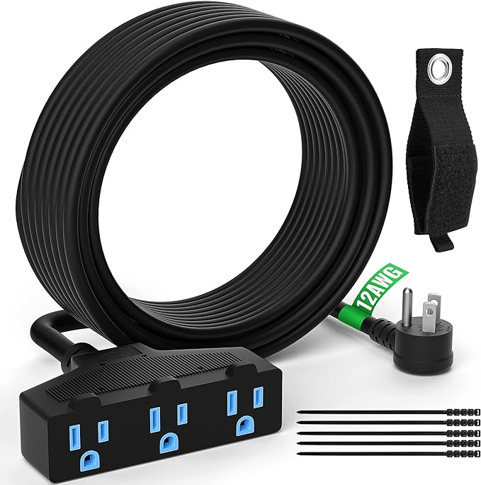 Outdoor Extension Cord 50 Ft with 3 Outlets, 12/3 SJTW 3 Prong Grounded Power Cord, 12 Gauge 12AWG Heavy Duty Power Cable, ETL Listed, 15 Amp 125 V 1875 W-Multiple Outlets for Indoor/Outdoor-Black