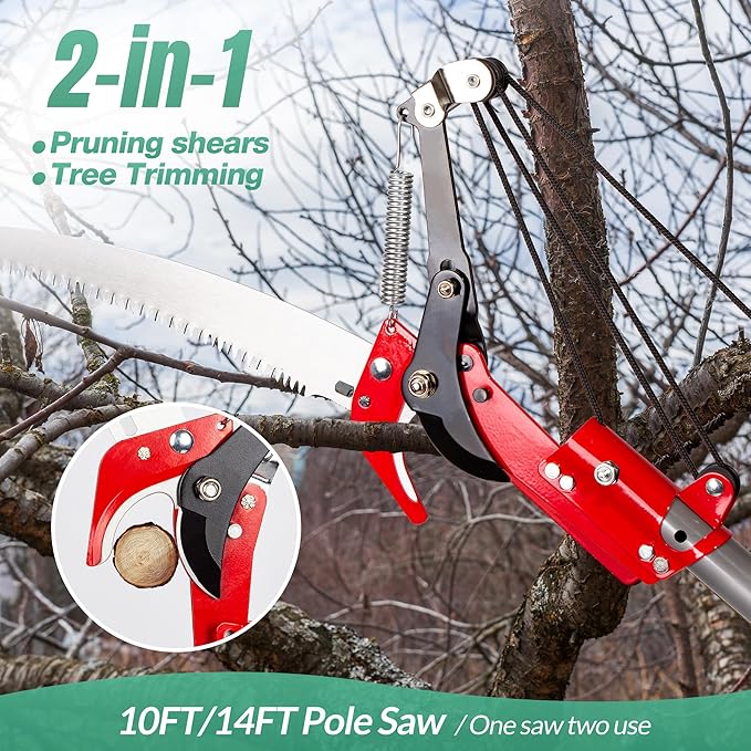Suchtale 10ft Pole Saw, Manual Tree Pruner with Sharp Steel Blade, Trimmer with Scissors and High Strength Lightweight Handles for Pruning High Branches, Shrubs and Twigs at Forest Yard Garden Patios