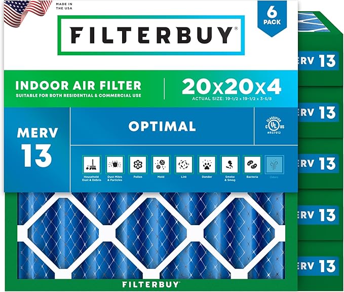 Filterbuy 20x20x4 Air Filter MERV 13 (MPR 1900) Health Defense Replacement (6-Pack), Electrostatic Pleated HVAC AC Furnace Filters, Made in USA (Actual Size: 19.50 x 19.50 x 3.63)