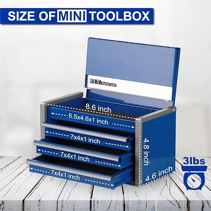 P.I.T. Mini Blue Tool Box, Portable 3 Drawer Steel Stackable Tool Box with Magnetic Tab Locking, Blue Micro Top Chest with Liner for Tools Storage and Organizers, Home DIY