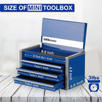 P.I.T. Mini Blue Tool Box, Portable 3 Drawer Steel Stackable Tool Box with Magnetic Tab Locking, Blue Micro Top Chest with Liner for Tools Storage and Organizers, Home DIY