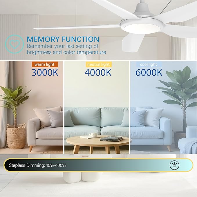 52 Inch Modern White Ceiling Fans with Lights, Ultra Quiet for Low Ceiling Bedroom, Sleep Mode Timer, 9 Speed Remote Control Dimmable LED Light, Easy Install