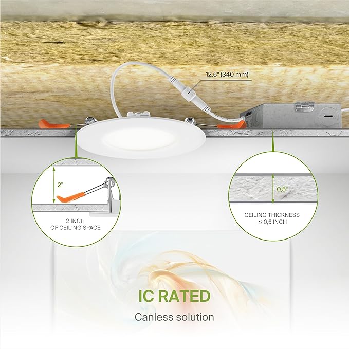 ASD 48 Pack 3 Inch LED Recessed Light 6W, 5 CCT 2700K-5000K CRI90+, IC Rated Ultra Thin Dimmable Ceiling Lights with J Box, Canless Wafer Downlight, Round Slim Panel Lighting, UL Energy Star, White