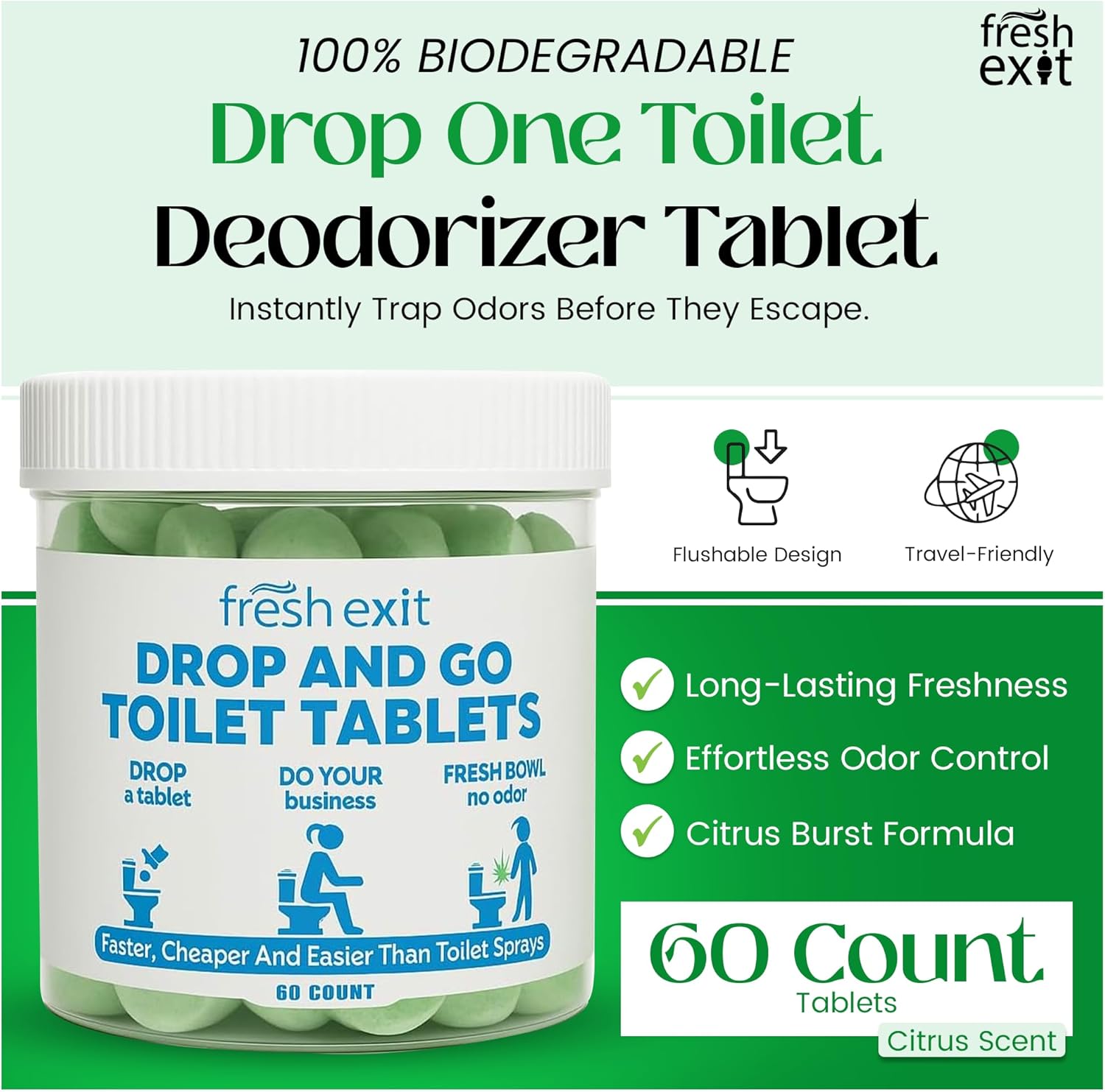 Toilet Deodorizer Tablets – Drop One In and Go – 60 Count Citrus Scent – Odor Elimination for Bathroom – Replaces Toilet Spray – Long Lasting – Fresh Bowl Freshener