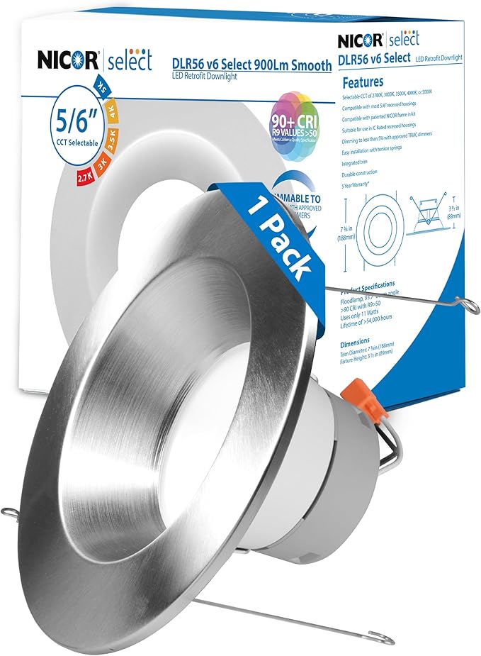 NICOR DLR56609120SNK DLR56(v6) 5/6-inch Nickel 900 Lumen Selectable Recessed LED Downlight