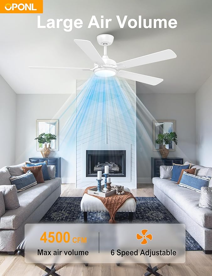 52 Inch White Ceiling Fan with Light with Remote Control, Large Air Volume, modern ceiling fan with light for Bedroom Kitchen Dining room Patio- Donwrod Mount