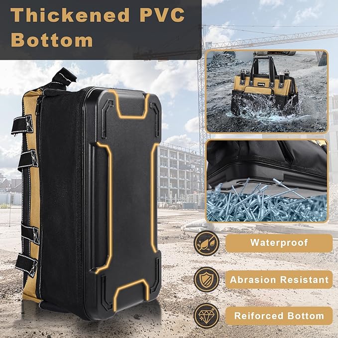20 IN Large Tool Bag For Men Heavy Duty, Drill Bag Tool Bag Organizer, Wide Mouth Waterproof Hard Bottom Multiple Pockets Tool Tote, Tool Caddy, Maintenance