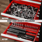 AIRTOON 8-Piece Socket Organizer Trays, SAE and Metric Socket Tray Set, 1/4", 3/8", and 1/2" Drive Deep and Standard Socket Holders Organizers for Toolbox, Black & Red