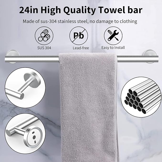 10-Pieces Bathroom Hardware Set, Includes 24 Inch Towel Racks for Bathroom Wall Mounted, Toilet Paper Holder, Towel Hooks for Bathrooms, Towel Rings for Bathroom Wall (Brushed Nickel)