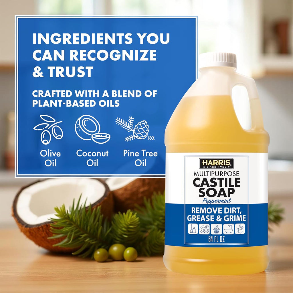 HARRIS Multi-Purpose Pure Liquid Castile Soap for Home Cleaning, Multi-Purpose Cleaner, For Dish Soap, Laundry Detergent, Kitchen and Bathroom Surfaces, Kids Rooms, Scented with Peppermint Oil, 64 Oz