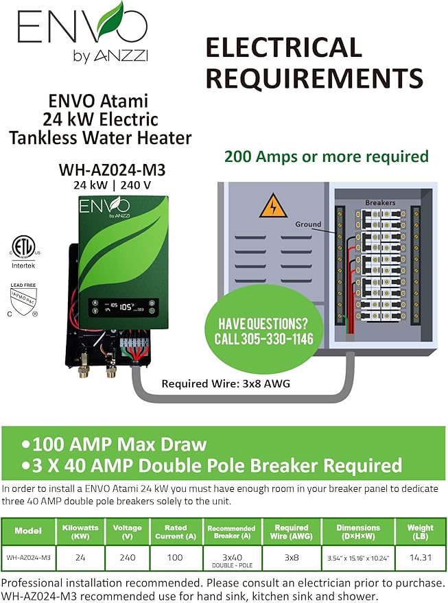 ANZZI Envo ANZZI Electric Tankless Water Heater 24 kW at 240 Volts, Enough to Install Anywhere - For kitchen faucet, bathroom faucet and shower (WH-AZ024-M3)