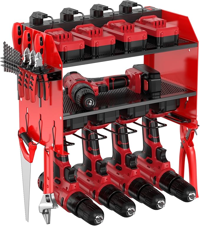 Heavy Duty Drill Holder & Power Tool Organizer Wall Mount, Metal Cordless Tool Organizer for Cordless Drill, Accessory Holder Rack (3L4D WITH CHARGING STATION (RED), With Charging Station)