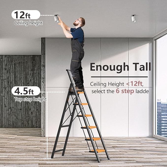 GameGem 6 Step Ladder for 12 Feet High Ceiling, Lightweight Aluminum Folding Step Stool with Convenient Handgrip, Stepladders with Anti-Slip and Wide Pedal for Home Use Space Saving - Black+Woodgrain