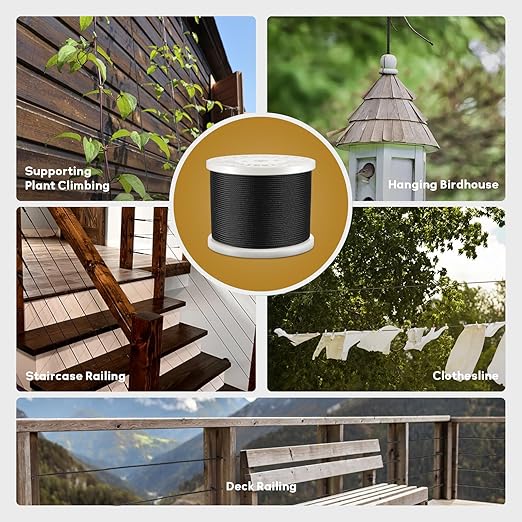 400FT 1/8" T316 Black Stainless Steel Cable, Black Wire Rope Aircraft Cable for Deck Cable Railing Kit, DIY Balustrades, 7x7 Strands Construction, Comes with a Cutter