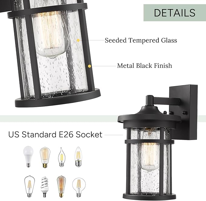 Outdoor Wall Sconces, Exterior Lantern Lighting Fixture, Mounted Lights for Patio, Porch, Garden, Balcony (Black, 12" H-2Pack)