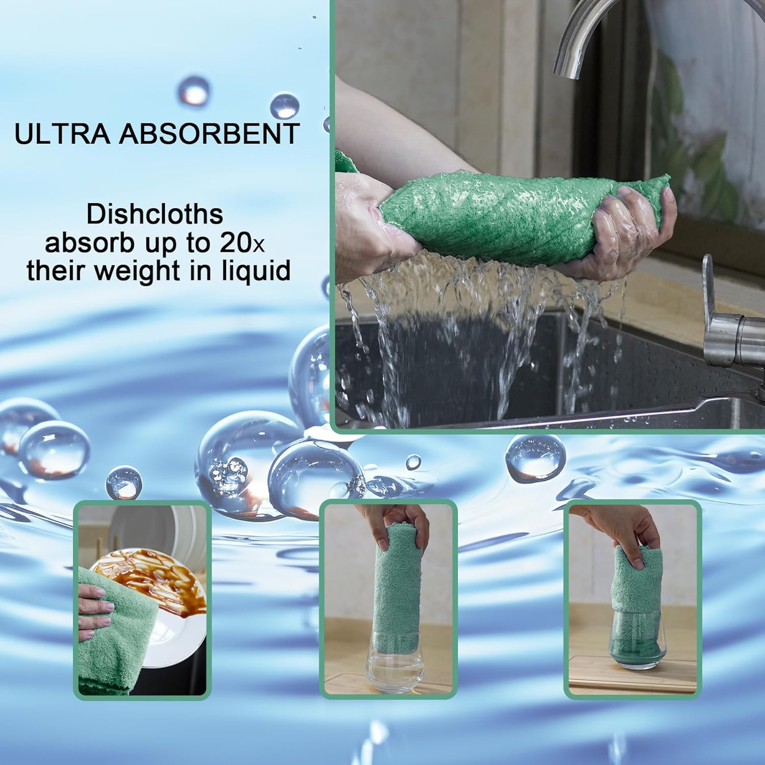 kimteny Kitchen Cloth Dish Towels, 13x28 Inches Premium Dishcloths, Super Absorbent Coral Velvet Microfiber Cleaning Cloths, Fast Drying Rags for Washing Dishes (13x28-6 Pack, Green)