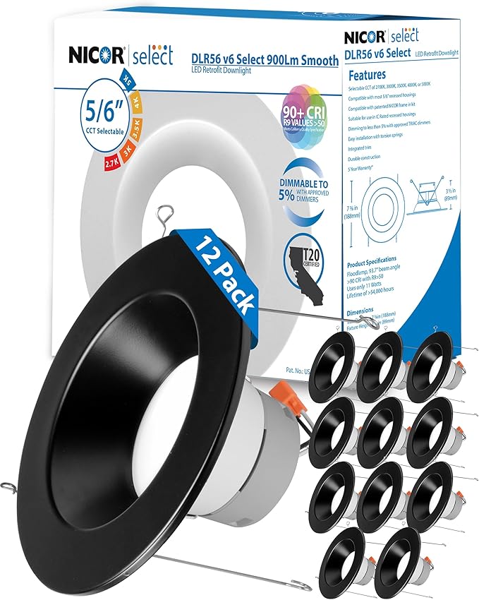 NICOR Lighting Recessed Ceiling Lights LED Downlight - Dimmable 5/6 inch LED Recessed Light Fixtures - Selectable CCT 2700K-5000K, 918 Lumens, 10.3W - DLR56 LED Retrofit Ceiling Light, Black, 12-Pk
