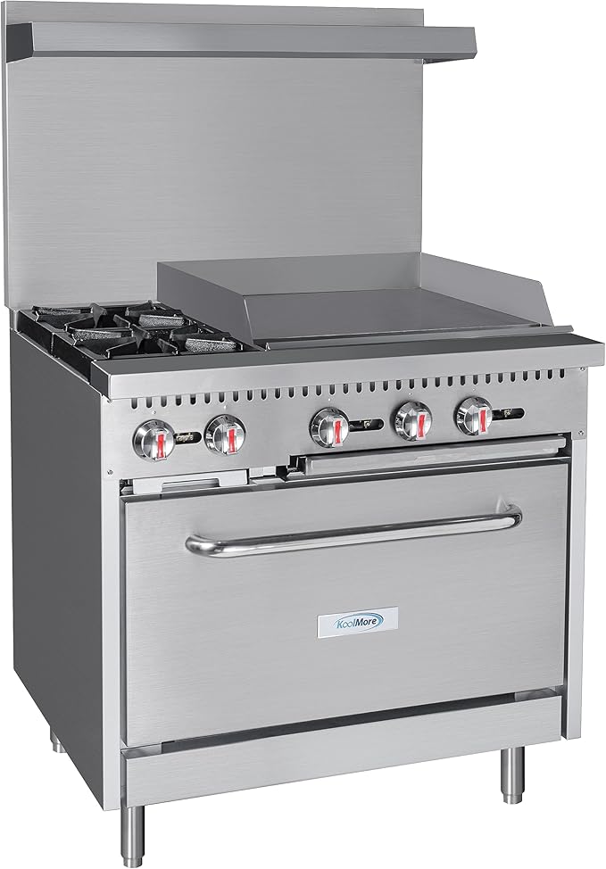 KoolMore KM-CRG36-NG 36 in. 2 Burner Commercial Natural Gas Range with 24 in. Griddle, Solid Black