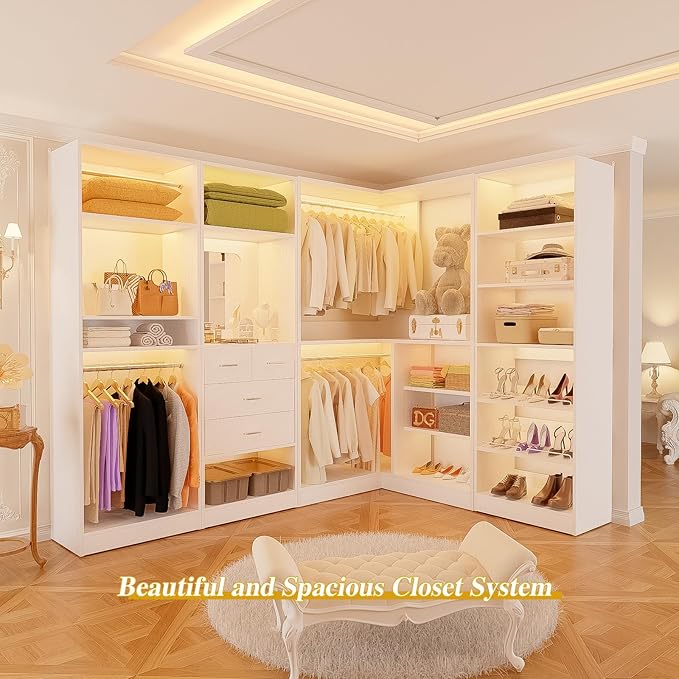 Unikito 110” Closet System with Drawers, 9.3FT Corner Closet Organizer with 4 Hanging Rods, Reversible Large Wood L Shaped Walk in Closets Wardrobe with Shoe Shelves, Max Load 3000LBS, Set of 4, White