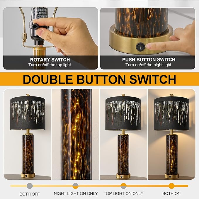 Oneach 27.75" Modern Table Lamps Set of 2, Gold Bedside Lamp with Leopard Glass Nightlight, USB A+C, Black Crystal Shade, Unique Desk Lamps for Living Room, Bedroom, Nightstand (2 Bulbs Included)