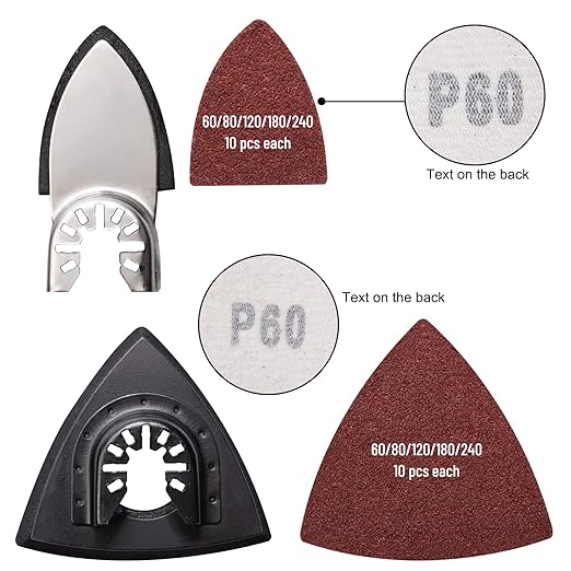 105PCS Oscillating Tool Detail Sanding Pads Kit, 3Pcs Triangle and 2Pcs Finger Sanding Pad, 100Pcs Multitool Sandpaper, Grit Fit for Finishing Wood Sanding Plaster