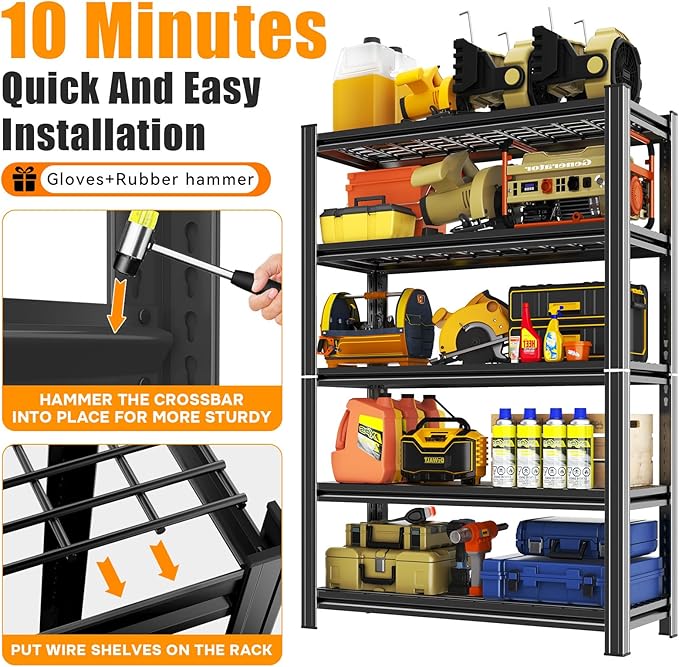 72" H Heavy Duty Garage Shelving 5 Tier 2500 LBS Storage Shelves Adjustable Industrial Metal Wire Shelf Unit for Garage,Basement,Pantry,Warehouse,Commercial