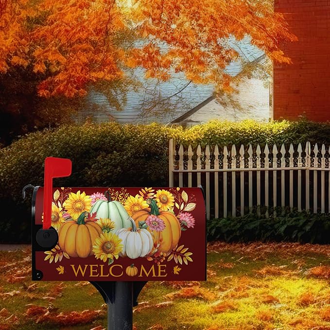 Fall Autumn Pumpkin Mailbox Cover Magnetic Yellow Sunflower Maple Leaves Mailbox Cover Large Size 25.5 X 21 Inch Thanksgiving Welcome Post Box Covers Wraps Home Garden Decor for Outdoor