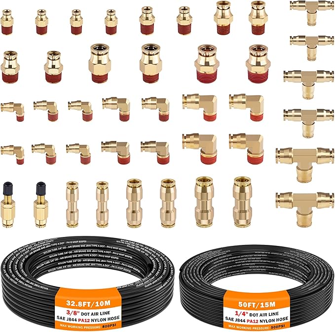 CheeMuii 43 Pcs Brass DOT Air Line Fittings with 50FT 1/4" & 32.8FT 3/8" DOT Air Hose Kit - 1/4, 3/8, 1/2 Push to Connect NPT Thread & Quick Connect Fittings