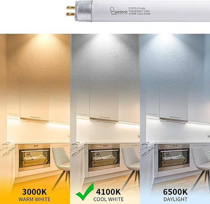 21 Inch F13T5/CW Fluorescent Light Bulb, T5 13 Watts, 4100K Cool White Under Counter Light Bulbs, Replacement Bulb for Under Cabinet Light, G5 Mini Bi-Pin Base - 6 Pack