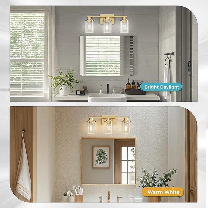 DORESshop 20 Inch Bathroom Light Fixtures, 3-Light Brass Bathroom Lighting Fixtures Over Mirror with Clear Glass Shade, Vanity Lights for Living Room Bedroom, ETL Listed