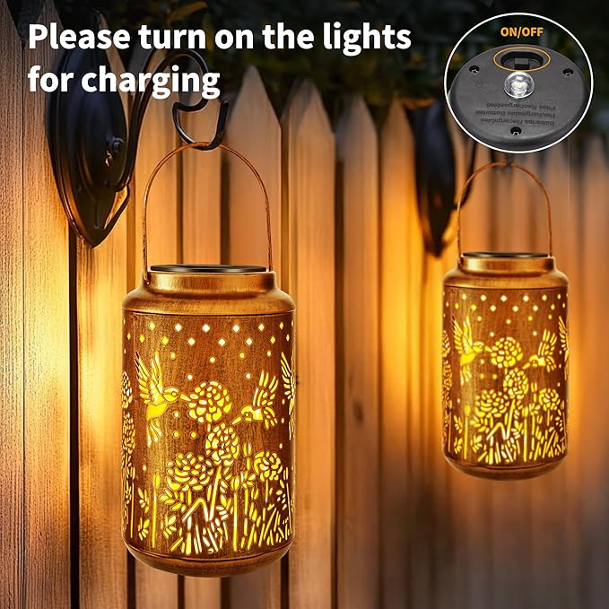 Brizled Hummingbird Solar Lantern Lights, 2 Pack LED Hollow Out Hanging Lantern Lights Outdoor, Warm White Solar Garden Light Decorative Retro Metal Outdoor Lighting for Garden Patio Courtyard Path