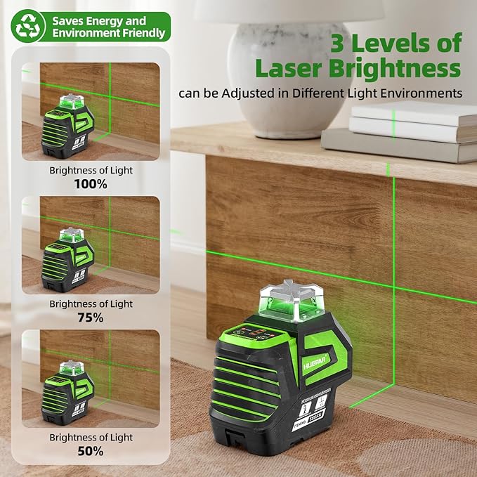 Huepar Self Leveling Green Laser Level Cross Line with 2 Plumb Dots Laser Tool -360 Horizontal Line Plus Large Fan Angle of Vertical Beam -Li-ion Battery with Type-C Charging Port&Magnetic Base 7211CG