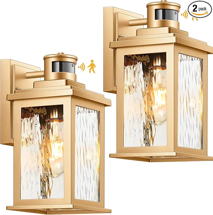 VIANIS 2 Pack Motion Sensor Outdoor Lights Lantern, Dusk to Dawn Exterior Lights for House, Gold Anti-Rust Porch Lights Sconce, Garage Lights Wall Mount for Patio, Doorway, UL Listed