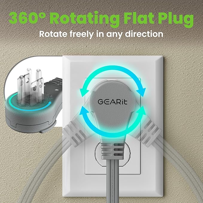 GEARit 360 Rotating Flat Plug Short Extension Cord with 3 Outlets (2ft, Gray) 16AWG/13A 3 Prong Wire, Outlet Saver for Home Office Dorm Room Essentials, ETL Certified