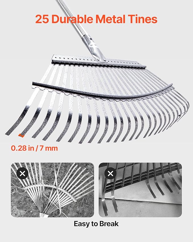 VEVOR Leaf Rake, 25 Metal Tines, Adjustable Garden Rake for Lawns with 18.3 Inch Wide Head & 36.4-72.8 Inch Long Handle, Heavy Duty Stainless Steel Small Leaves Tool for Gardening Camping Yard Grass
