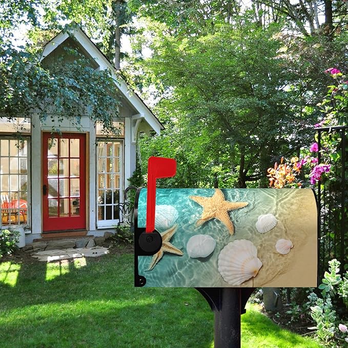 Summer Beach Mailbox Covers Magnetic Coastal Starfish Shells Mailbox Cover Standard Size 21 X 18 Inch Ocean Nautical Post Letter Box Wraps for Outdoor Garden Decoration