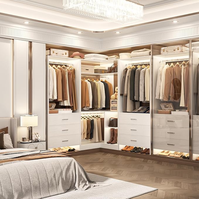 Aheaplus Closet System with 6 Drawers, 4 Hanging Rods & Corner Tower, Corner Closet System with Hanging, 80.9" L-Shaped Walk-In Wardrobe Organizer, 2000+ lbs Capacity, Set of 3, White
