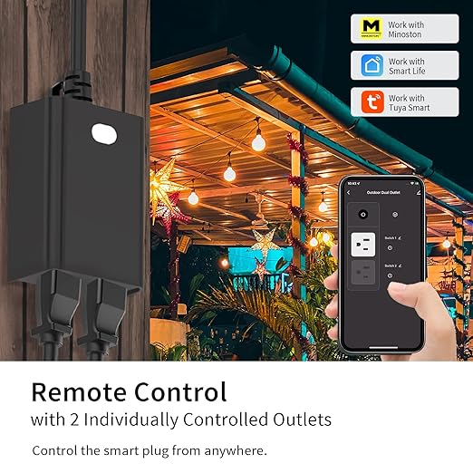 Minoston Outdoor Smart Plug, Wi-Fi Plugs Outlet with 2 Individual Control Sockets, Weather-Resistance, Work with Alexa, Google Assistant, 125V, 2.4 GHz Wireless Frequency, No Hub Required (MP24W)