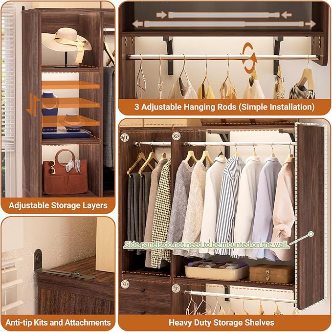 Closet System - 5FT Small Closet System with Drawers, 60" Closet Organizer System with Reversible Hanging Shelving, Closet Systems for Small/Walk-in Closets, Black Walnut