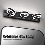 LED Bathroom Light Fixtures, 24inch Black Vanity Lights, Modern 3 Light Acrylic Wall Sconces, 350° Rotatable Wall Lighting Fixture Over Mirror
