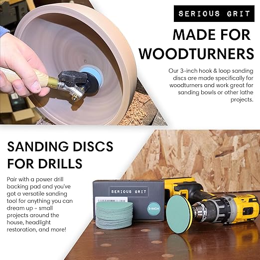 Serious Grit - 3-Inch Sanding Disc Assortment - 80 120 150 180 220 Grit (10/Each) Heavy-Duty Hook & Loop Film Discs - Sandpaper for Woodturning & Drill Attachment Sanding Pads - 50 Pack