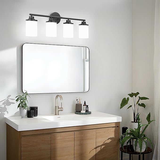 Modern Bathroom Vanity Light Fixture, 4-Light Sconces with Frosted Glass, Matte Black