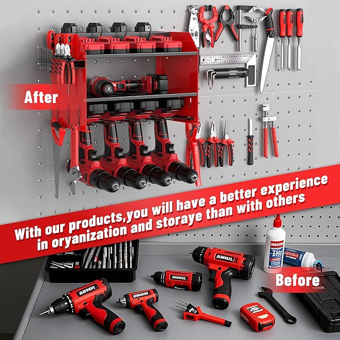 Heavy Duty Drill Holder & Power Tool Organizer Wall Mount, Metal Cordless Tool Organizer for Cordless Drill, Accessory Holder Rack (3L4D WITH CHARGING STATION (RED), With Charging Station)