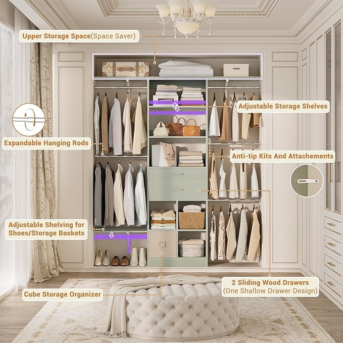 Small Closet System - 5FT Closet Organizer System with Wooden Drawers, 60 Inches Walk In Closet System With 5 Hanging Rods, Can Fit 1.58 to 6.8 FT with Reversible Hanging Shelving, Crab Green