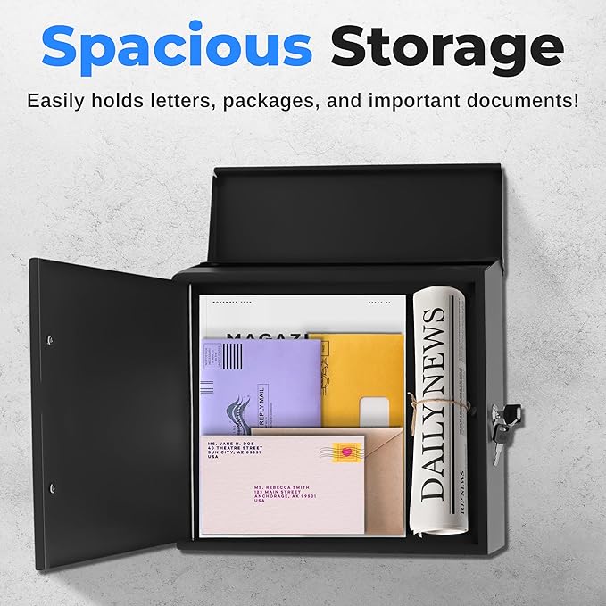 SereneLife Outdoor Wall Mailbox | 0.46 Cubic FT Locking Mailbox | Easy Installation, Secure Lock Mechanism | Ideal for Residential or Commercial Use | Wall Mountable 13.77" x 4.52" x 12.99 | Black