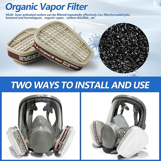 Reusable full Face Cover, Full Face Respirator Mask, Organic Vapor Gas Mask with Activated Carbon Filters Anti-fog Gas Cover Against Dust Fume for Painting, Polishing, Welding, Staining, Cutting