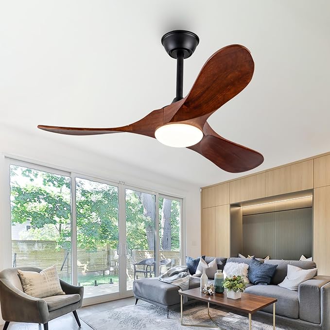 42 Inch Ceiling Fans with Lights and Remote, 3 Blades Outdoor Wood Propeller Ceiling Fans, Dimmable Quiet Noiseless DC Motor for Farmhouse, Living Room, Bedroom, Indoor, Walnut