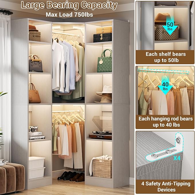 Corner Closet System with 12 Shelves, 39.2" Corner Closet Organizer System with 2 Hanging Rods, Versatile 6-Tier Walk-in Closets for Corner Space, Grey (39.2" L x 39.2" W x 80" H)